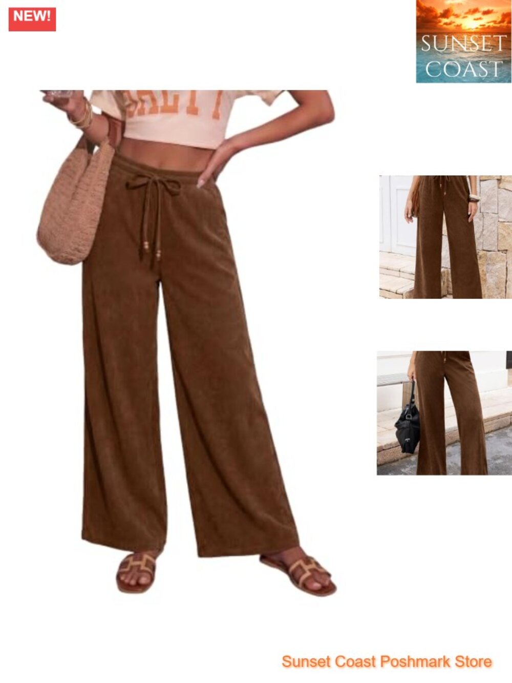 Sidefeel Wide Leg Corduroy Pants High Waisted Drawstring Elastic Waist